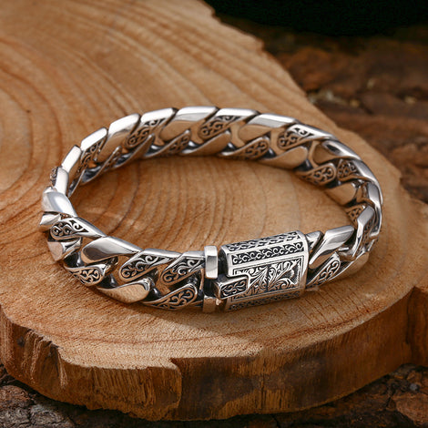 925 Silver Bracelet Pattern Cuban Link Thick Men's Thai Silver Vintage Oxidized Jewelry